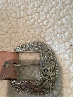 Decorative Silver Floral Western Belt Buckle - Pink Leather Accent